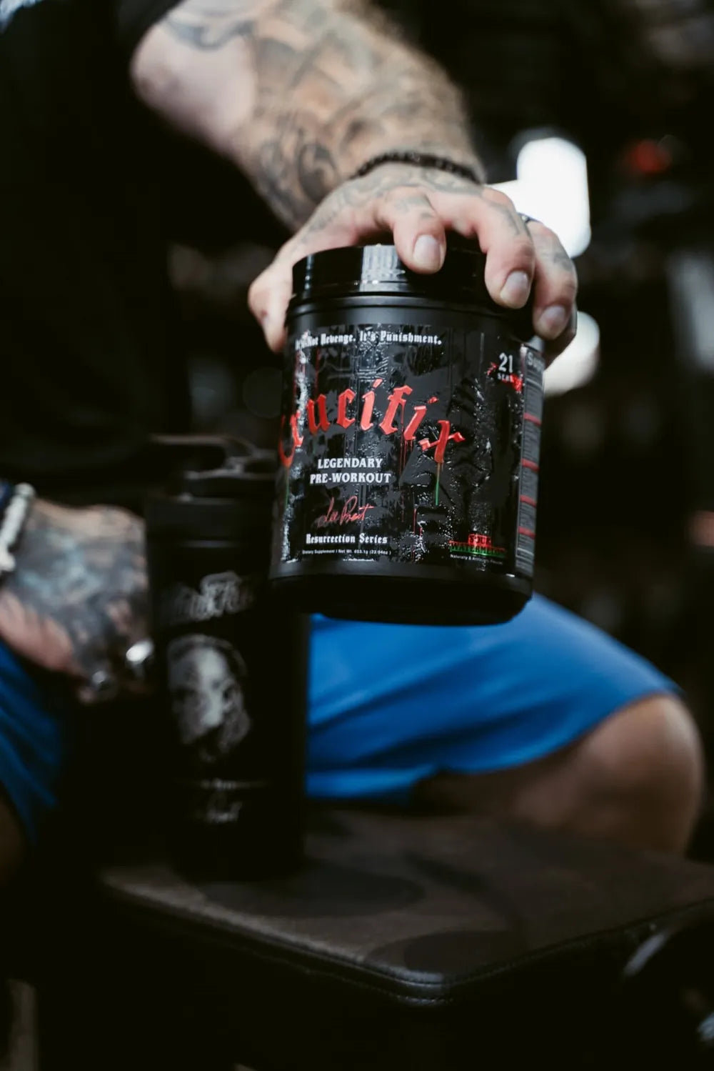 Lee Priest holding Crucifix pre-workout