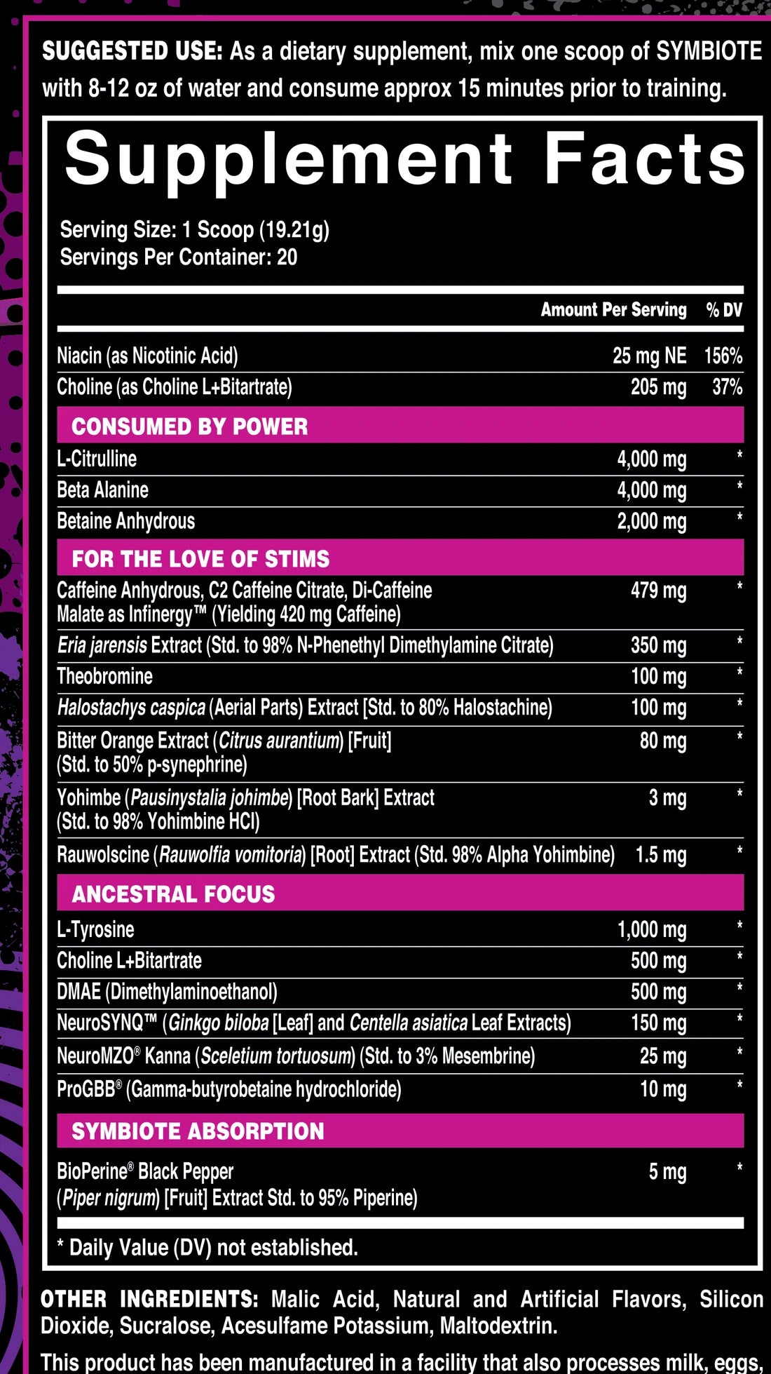 Symbiote Deadly Nightshade Supplement Facts panel: serving size 1 scoop (19.21 g), 20 servings, every ingredient and dose